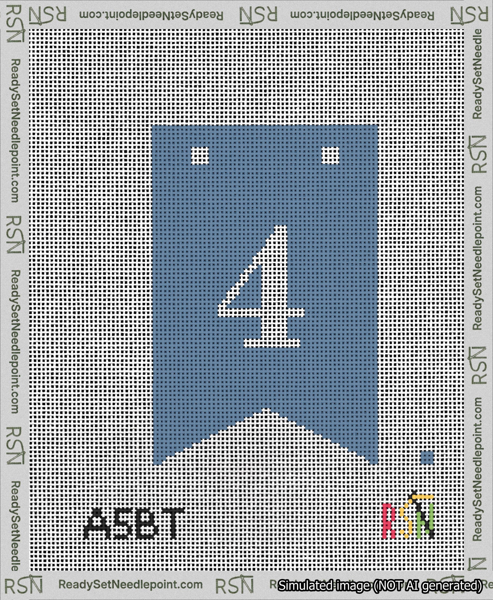 A taped needlepoint canvas with the design: Banner 13 mesh count Forked 4 White on Blue.