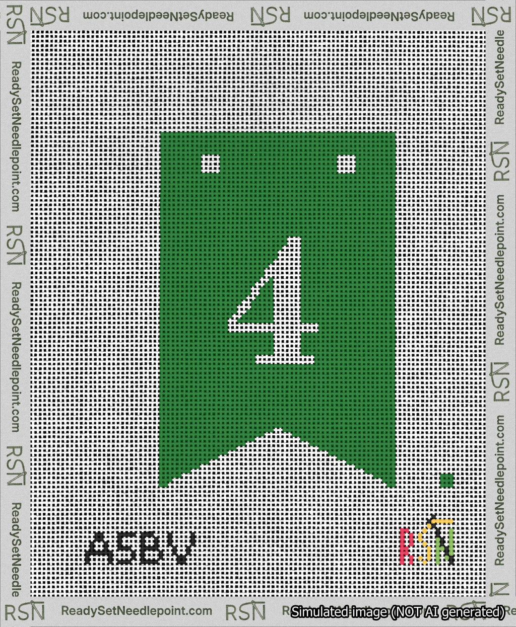 A taped needlepoint canvas with the design: Banner 13 mesh count Forked 4 White on Green.