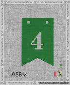 A taped needlepoint canvas with the design: Banner 13 mesh count Forked 4 White on Green.