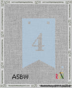 A taped needlepoint canvas with the design: Banner 13 mesh count Forked 4 White on Light Blue.