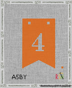 A taped needlepoint canvas with the design: Banner 13 mesh count Forked 4 White on Orange.