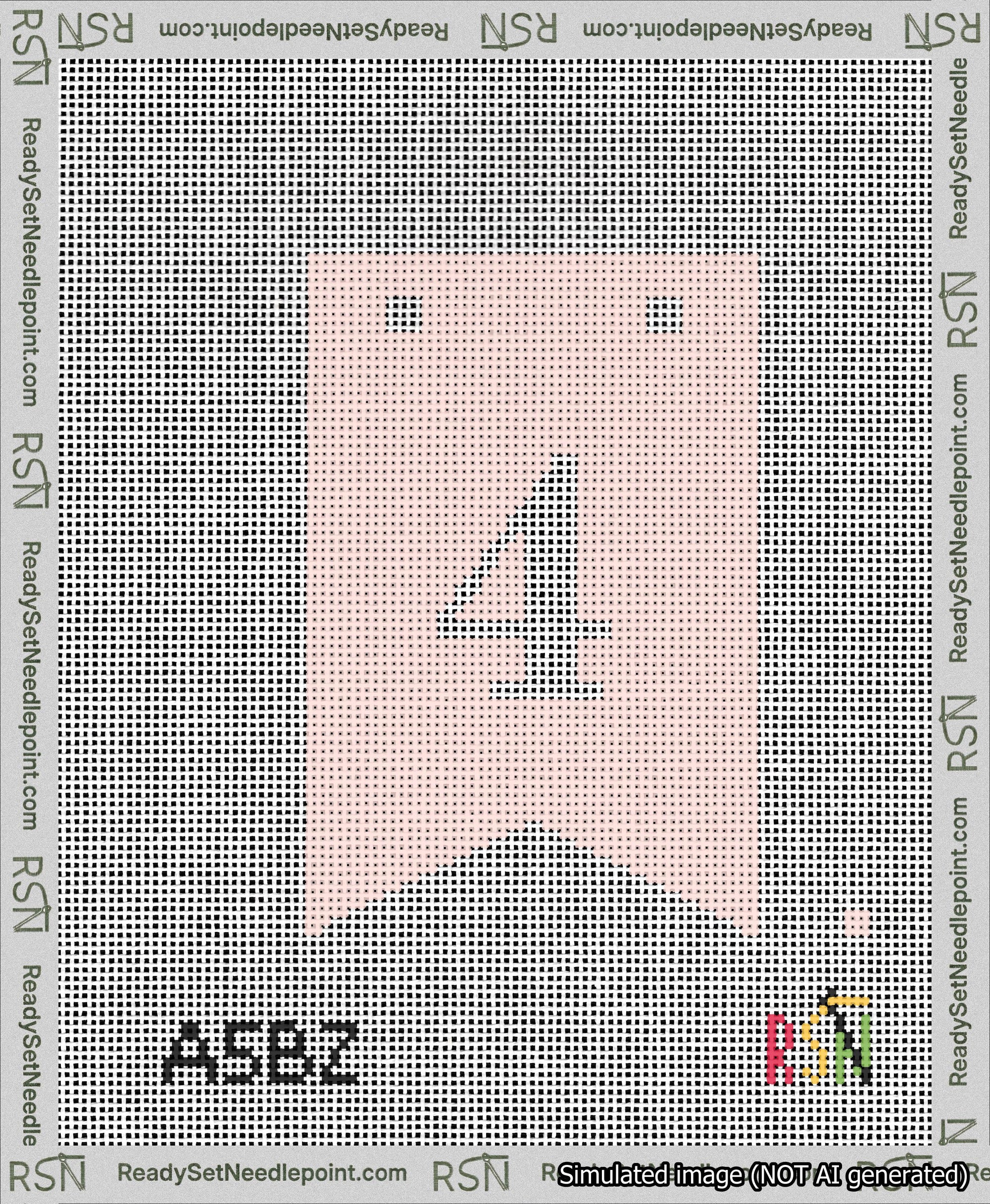 A taped needlepoint canvas with the design: Banner 13 mesh count Forked 4 White on Pink.