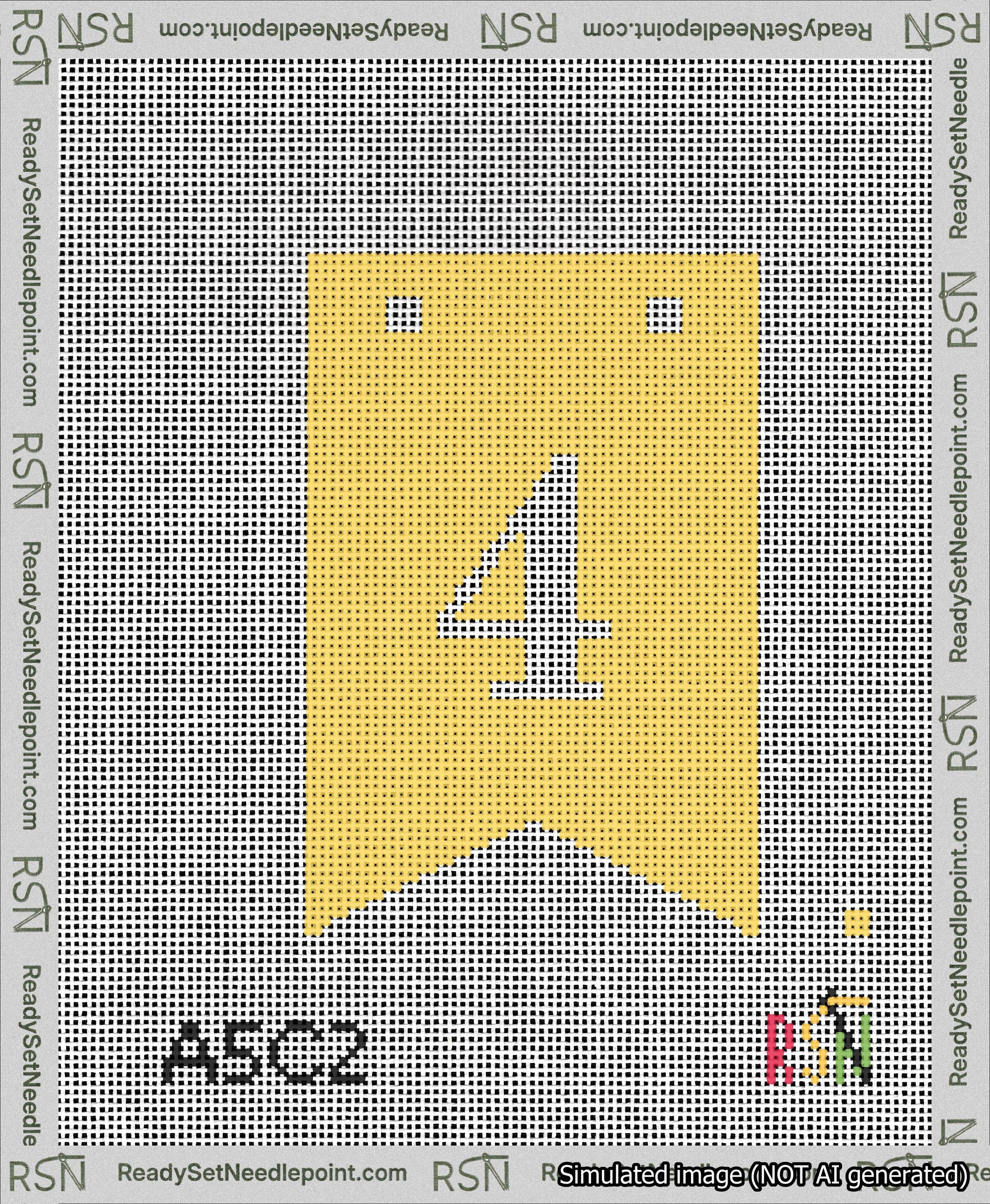 A taped needlepoint canvas with the design: Banner 13 mesh count Forked 4 White on Yellow.