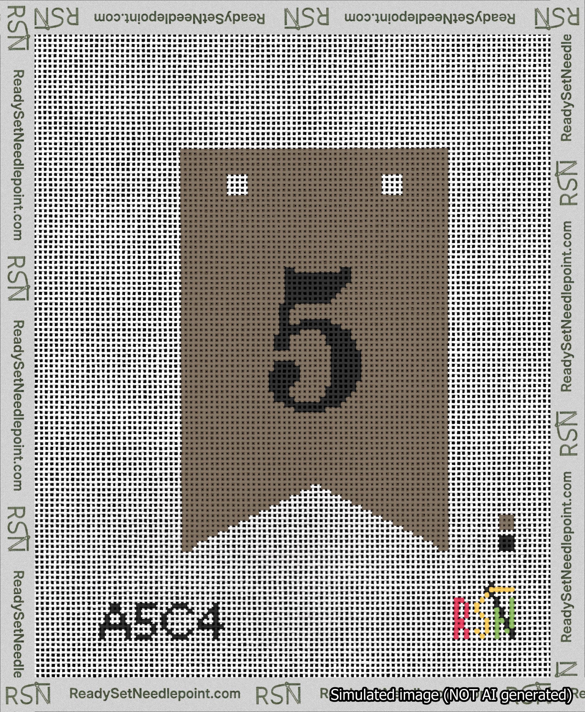 A taped needlepoint canvas with the design: Banner 13 mesh count Forked 5 Black on Brown.