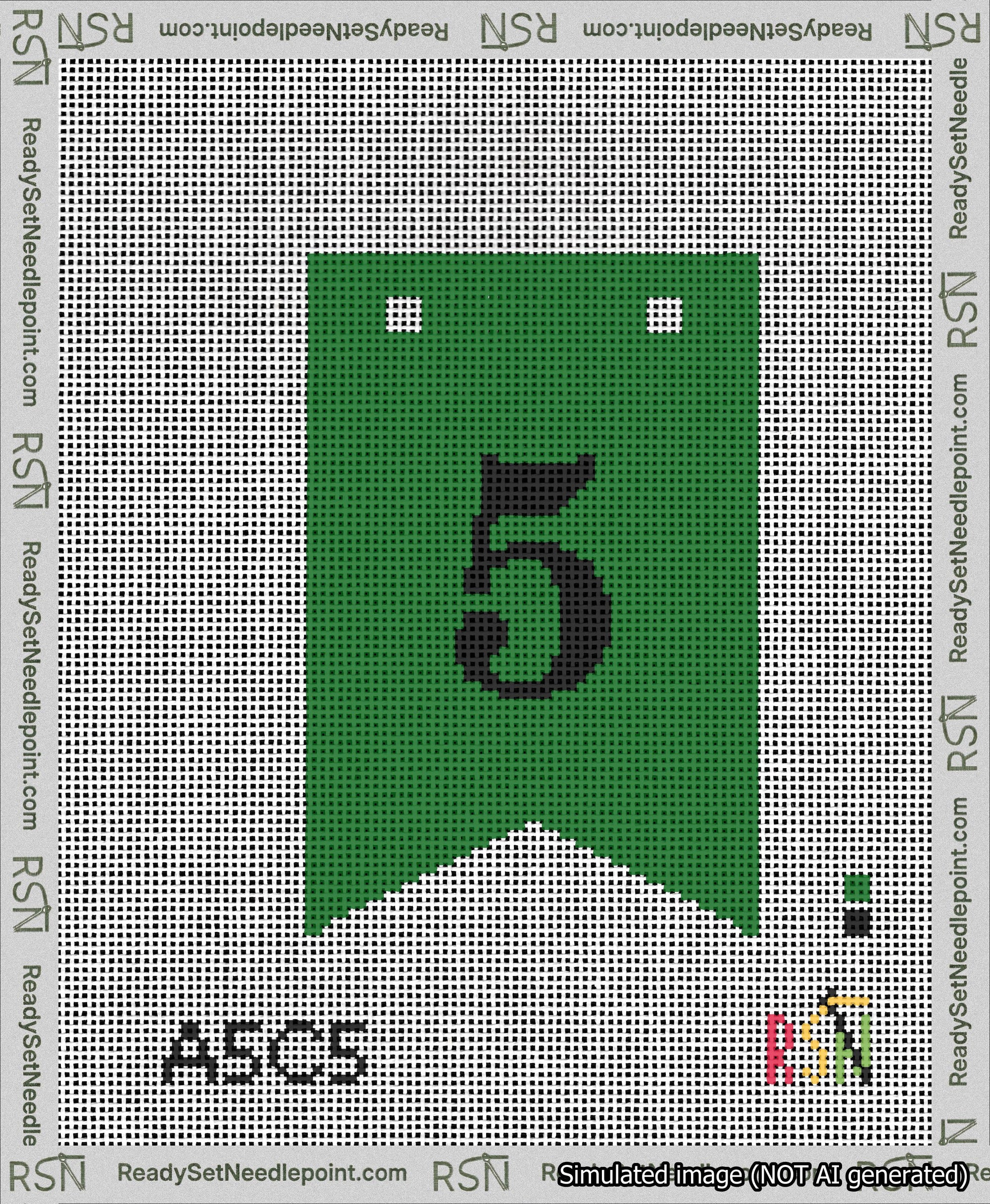 A taped needlepoint canvas with the design: Banner 13 mesh count Forked 5 Black on Green.