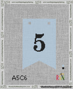 A taped needlepoint canvas with the design: Banner 13 mesh count Forked 5 Black on Light Blue.