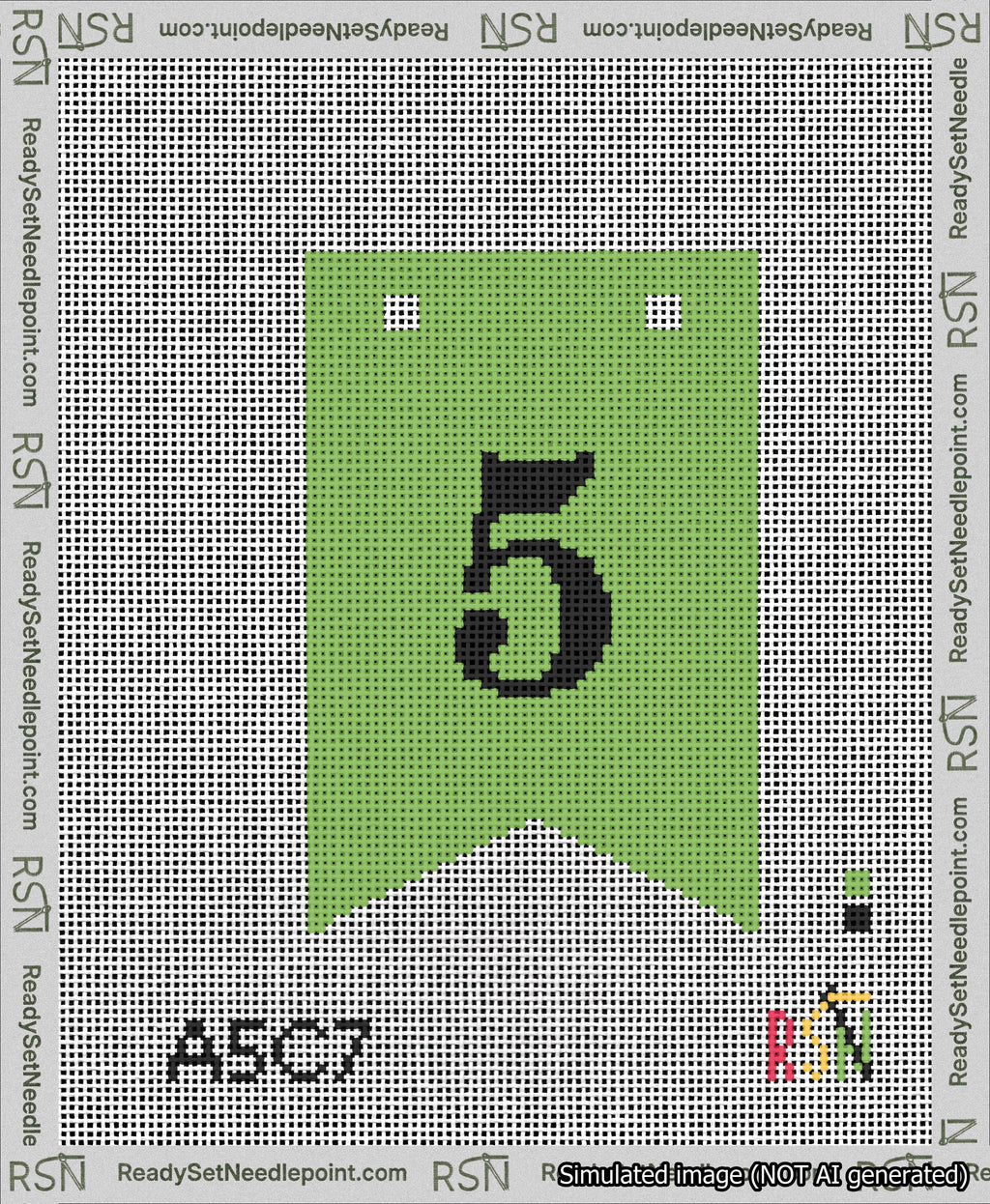 A taped needlepoint canvas with the design: Banner 13 mesh count Forked 5 Black on Light Green.