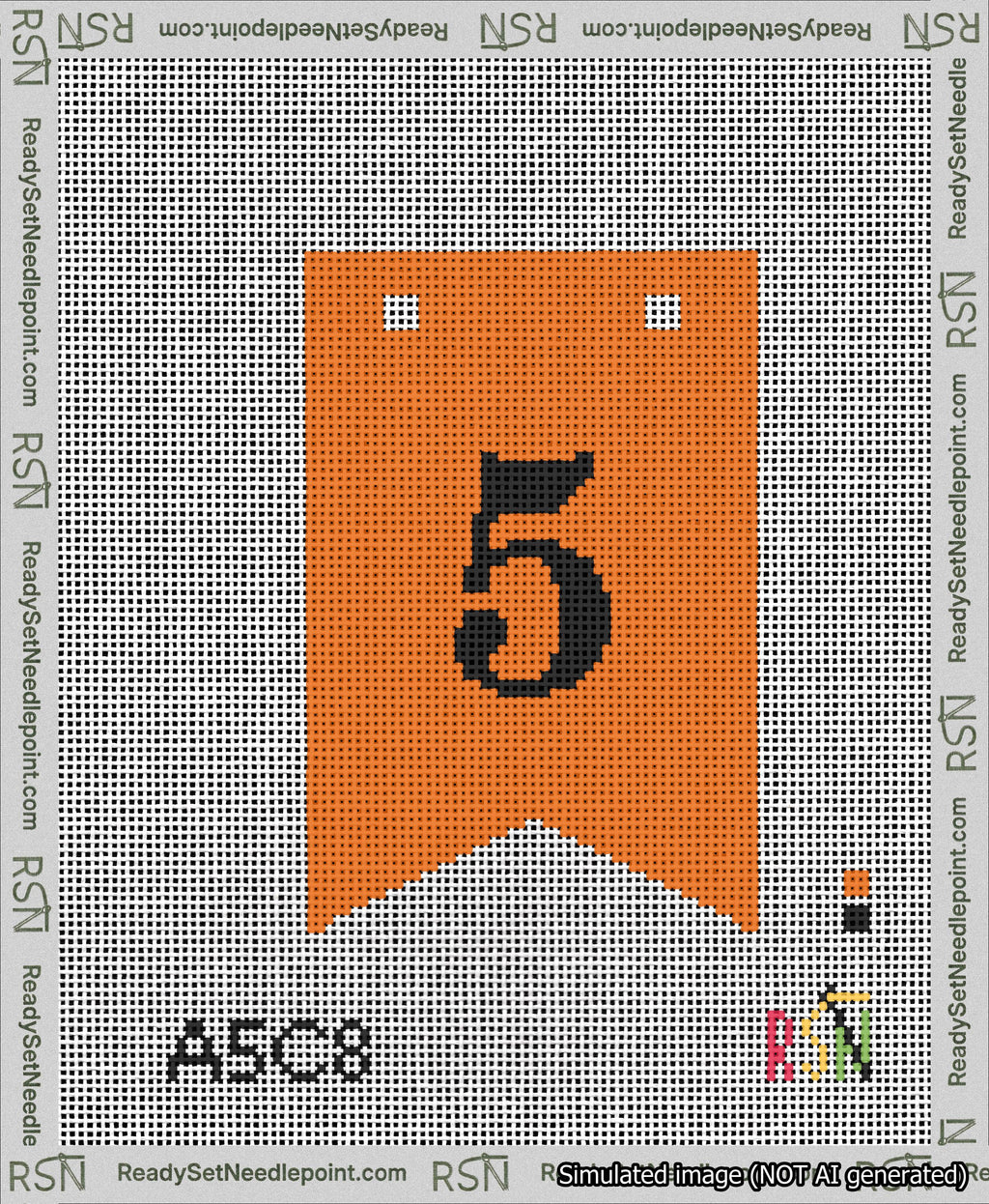 A taped needlepoint canvas with the design: Banner 13 mesh count Forked 5 Black on Orange.