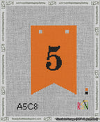 A taped needlepoint canvas with the design: Banner 13 mesh count Forked 5 Black on Orange.
