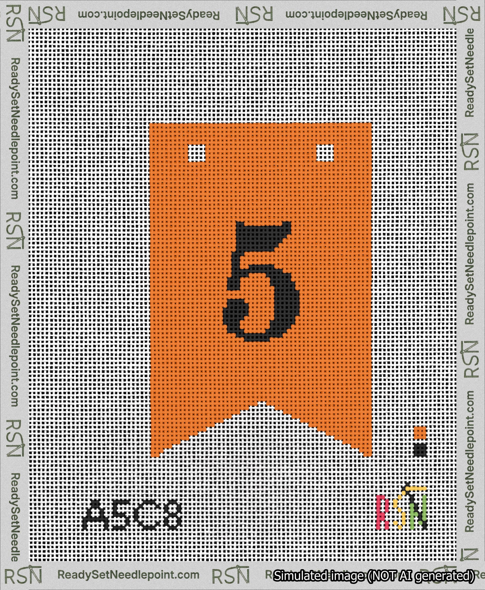 A taped needlepoint canvas with the design: Banner 13 mesh count Forked 5 Black on Orange.