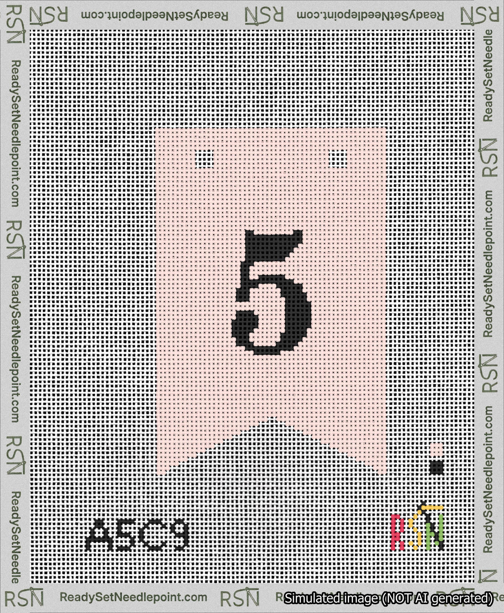 A taped needlepoint canvas with the design: Banner 13 mesh count Forked 5 Black on Pink.