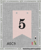 A taped needlepoint canvas with the design: Banner 13 mesh count Forked 5 Black on Pink.