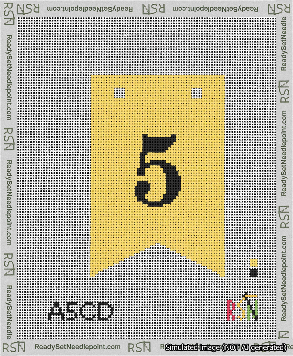 A taped needlepoint canvas with the design: Banner 13 mesh count Forked 5 Black on Yellow.