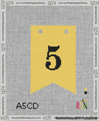 A taped needlepoint canvas with the design: Banner 13 mesh count Forked 5 Black on Yellow.