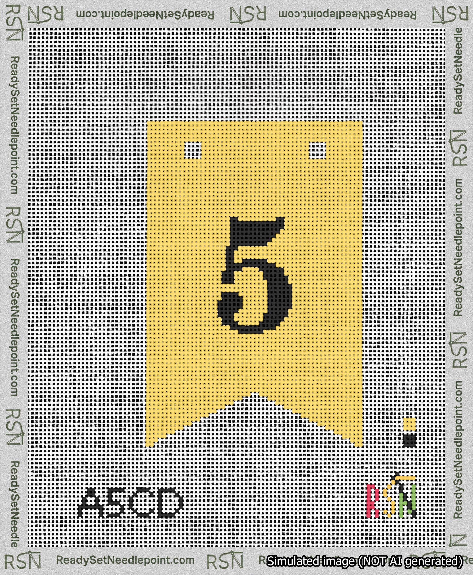 A taped needlepoint canvas with the design: Banner 13 mesh count Forked 5 Black on Yellow.