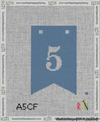 A taped needlepoint canvas with the design: Banner 13 mesh count Forked 5 White on Blue.