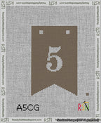 A taped needlepoint canvas with the design: Banner 13 mesh count Forked 5 White on Brown.