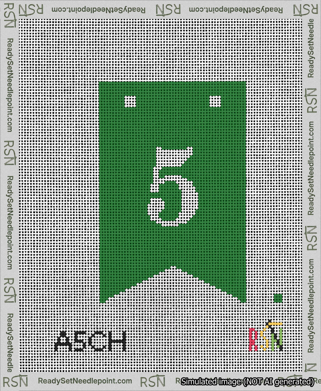 A taped needlepoint canvas with the design: Banner 13 mesh count Forked 5 White on Green.