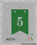 A taped needlepoint canvas with the design: Banner 13 mesh count Forked 5 White on Green.