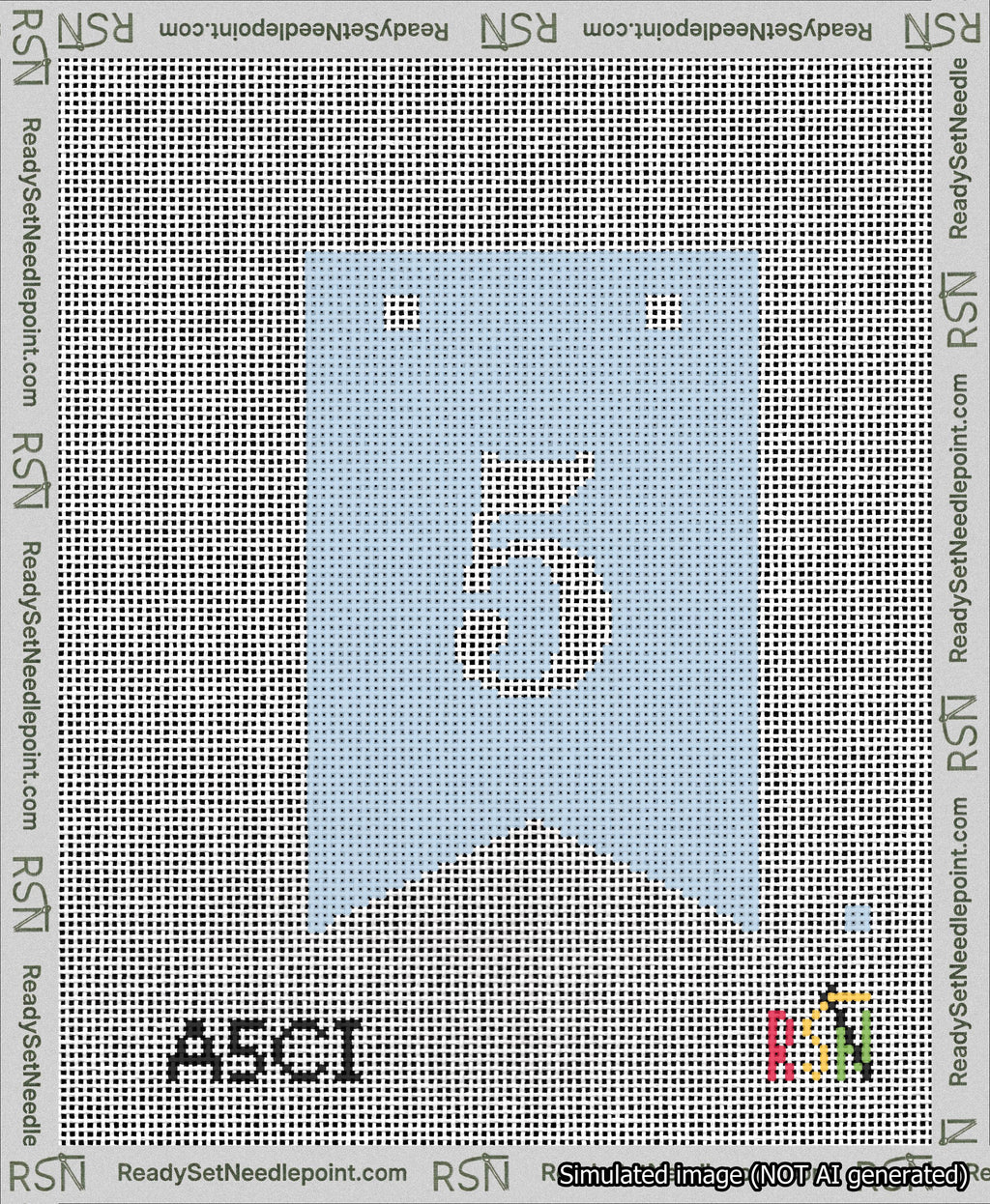 A taped needlepoint canvas with the design: Banner 13 mesh count Forked 5 White on Light Blue.