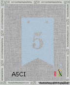 A taped needlepoint canvas with the design: Banner 13 mesh count Forked 5 White on Light Blue.