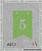 A taped needlepoint canvas with the design: Banner 13 mesh count Forked 5 White on Light Green.