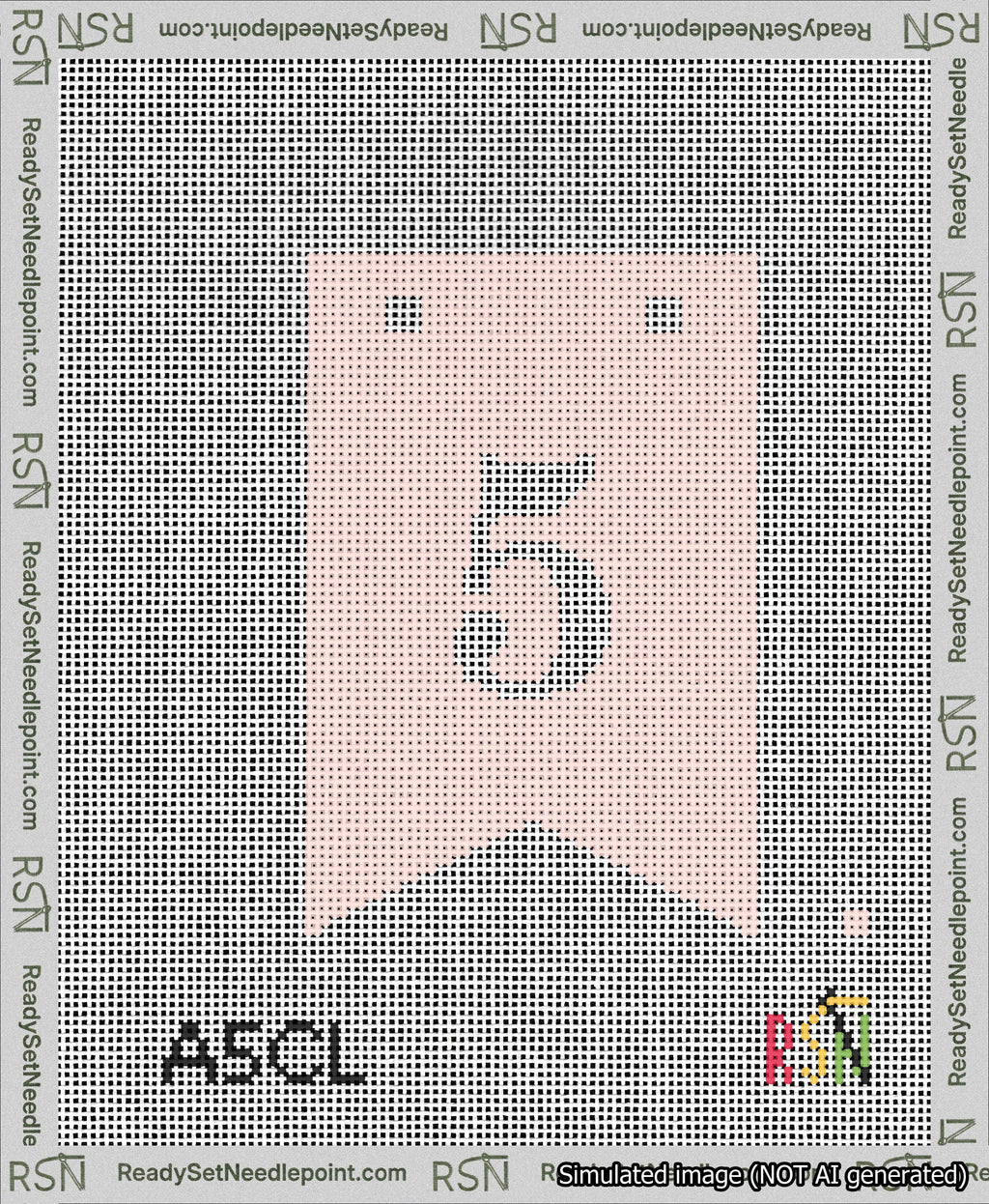A taped needlepoint canvas with the design: Banner 13 mesh count Forked 5 White on Pink.