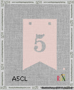 A taped needlepoint canvas with the design: Banner 13 mesh count Forked 5 White on Pink.