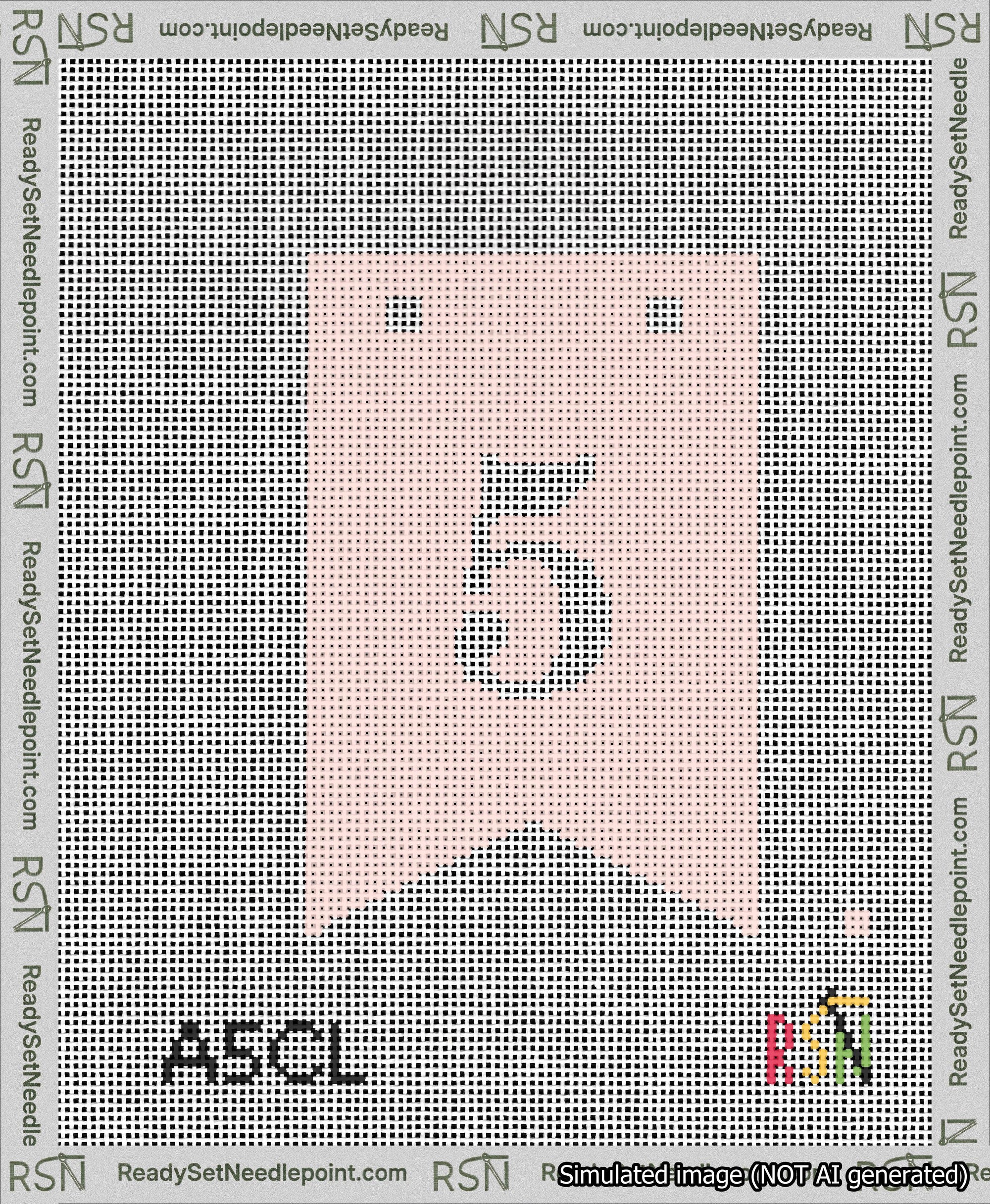 A taped needlepoint canvas with the design: Banner 13 mesh count Forked 5 White on Pink.