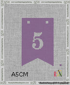 A taped needlepoint canvas with the design: Banner 13 mesh count Forked 5 White on Purple.