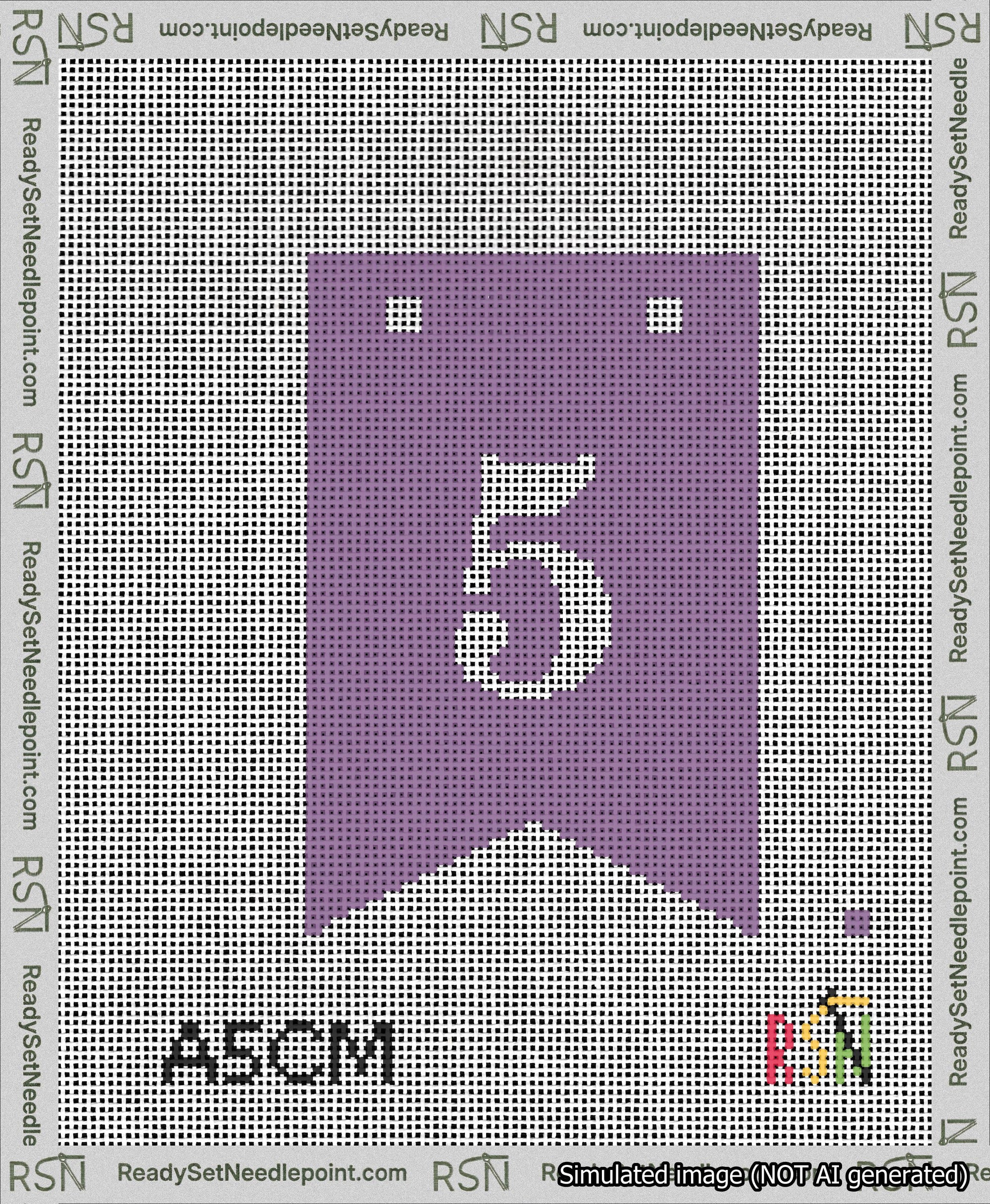 A taped needlepoint canvas with the design: Banner 13 mesh count Forked 5 White on Purple.