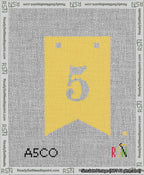 A taped needlepoint canvas with the design: Banner 13 mesh count Forked 5 White on Yellow.