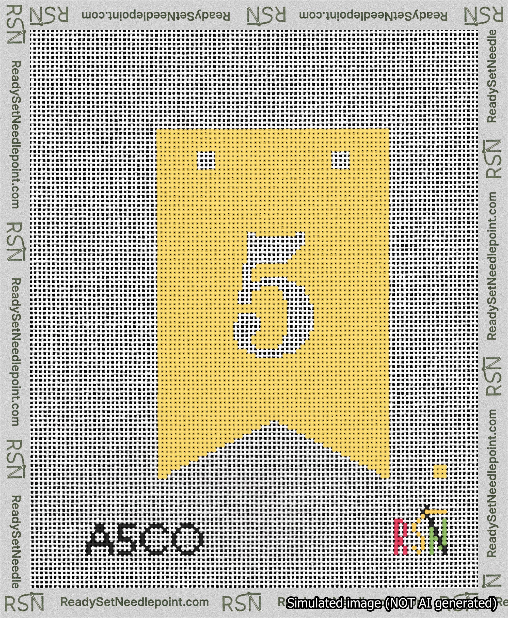 A taped needlepoint canvas with the design: Banner 13 mesh count Forked 5 White on Yellow.