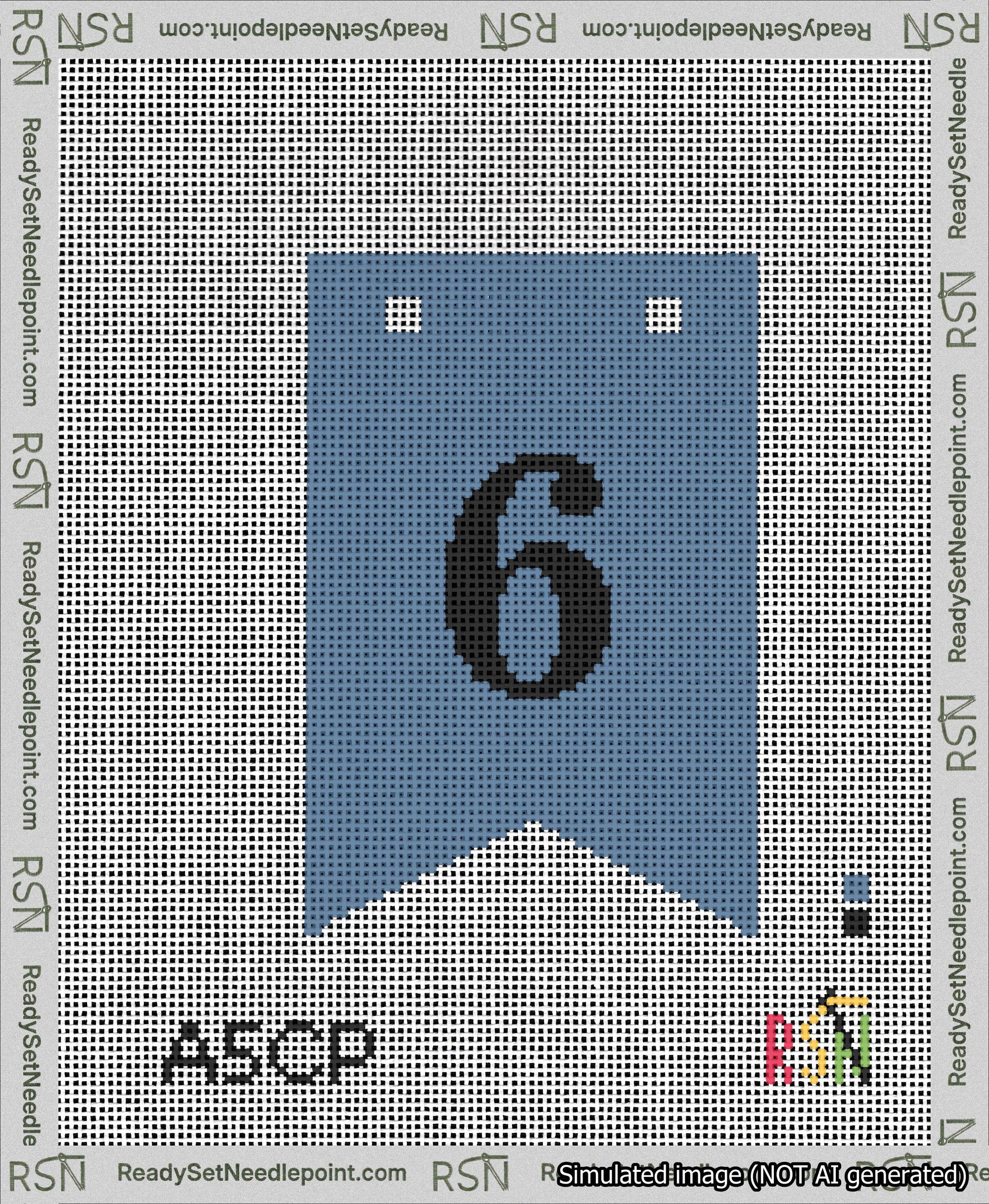 A taped needlepoint canvas with the design: Banner 13 mesh count Forked 6 Black on Blue.