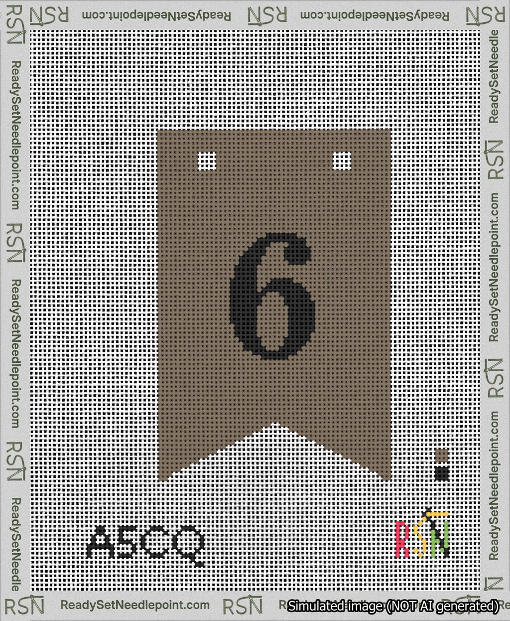 A taped needlepoint canvas with the design: Banner 13 mesh count Forked 6 Black on Brown.