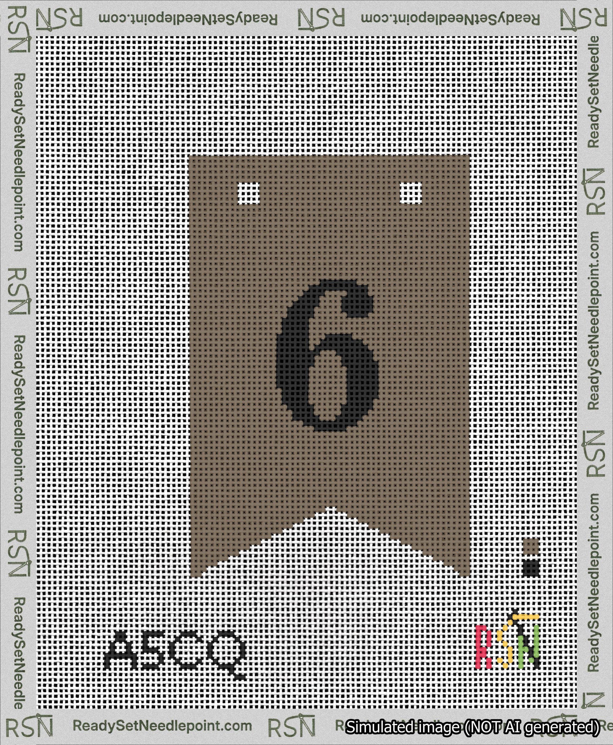A taped needlepoint canvas with the design: Banner 13 mesh count Forked 6 Black on Brown.