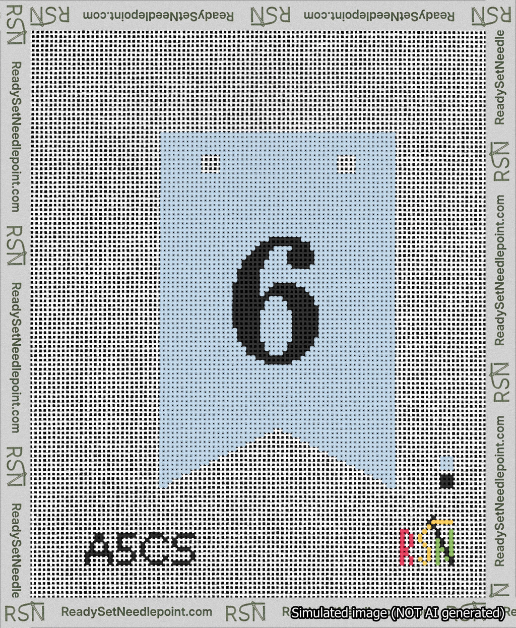 A taped needlepoint canvas with the design: Banner 13 mesh count Forked 6 Black on Light Blue.