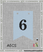 A taped needlepoint canvas with the design: Banner 13 mesh count Forked 6 Black on Light Blue.