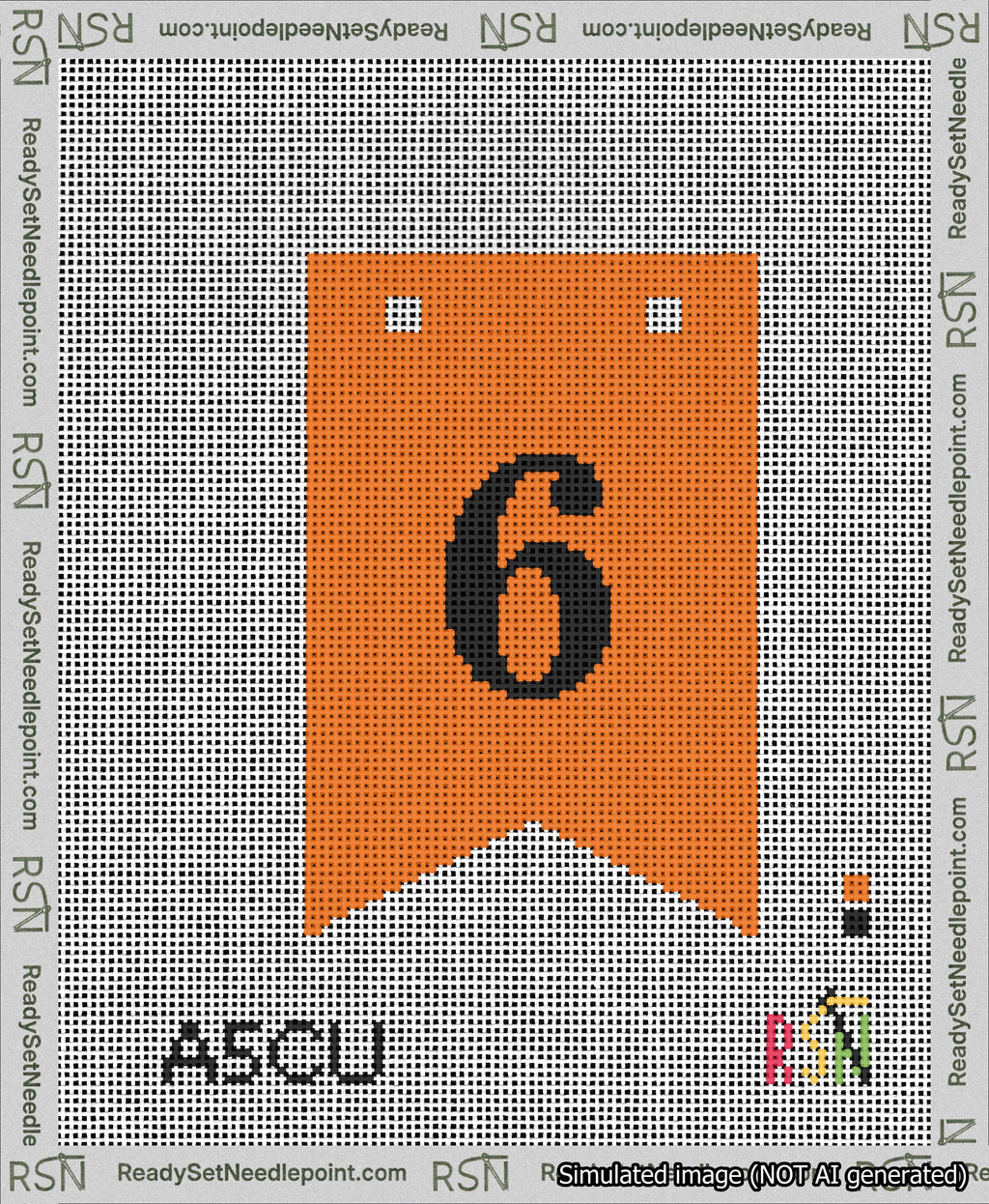 A taped needlepoint canvas with the design: Banner 13 mesh count Forked 6 Black on Orange.