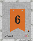 A taped needlepoint canvas with the design: Banner 13 mesh count Forked 6 Black on Orange.