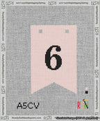 A taped needlepoint canvas with the design: Banner 13 mesh count Forked 6 Black on Pink.