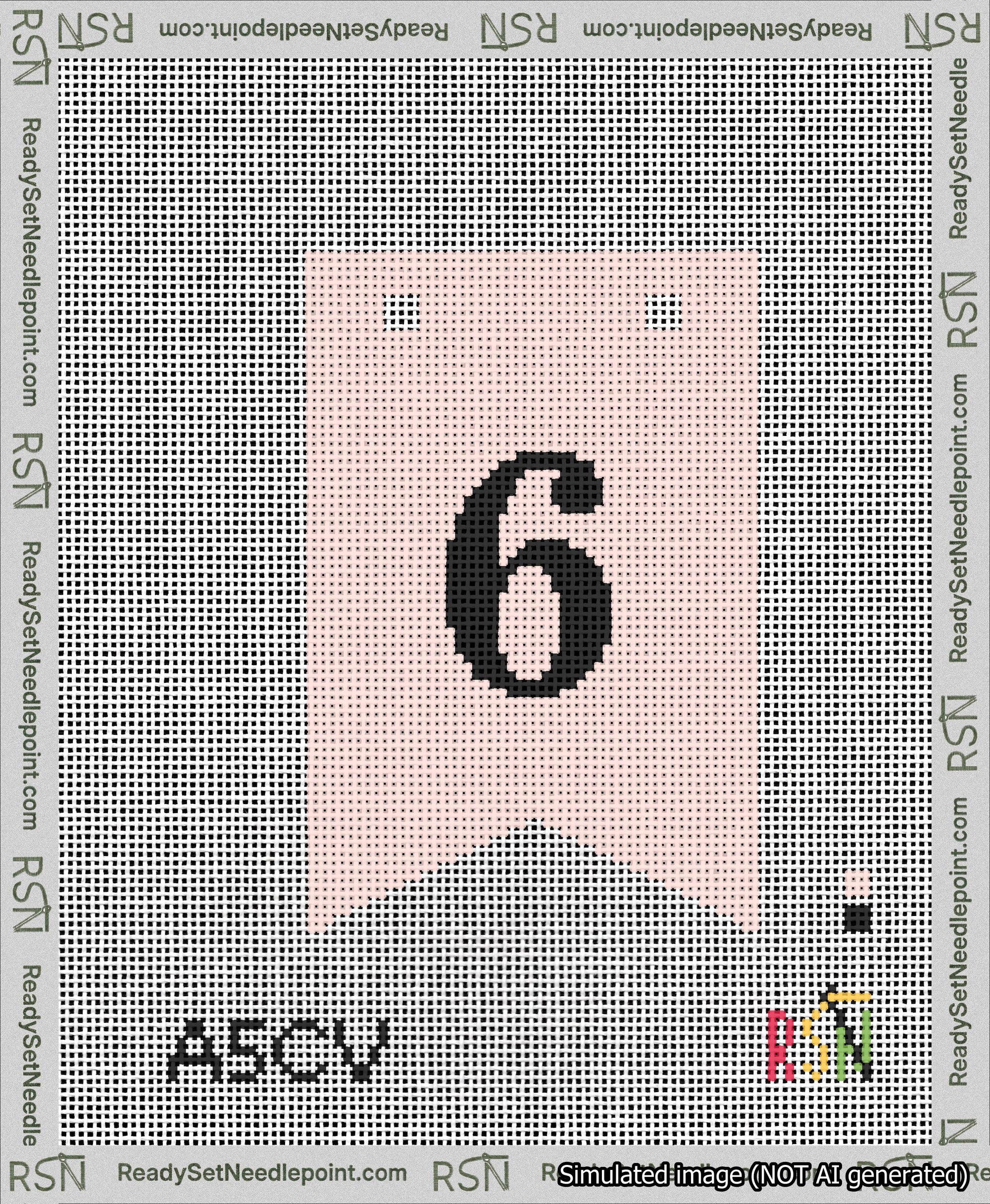 A taped needlepoint canvas with the design: Banner 13 mesh count Forked 6 Black on Pink.