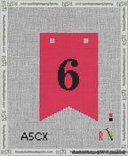 A taped needlepoint canvas with the design: Banner 13 mesh count Forked 6 Black on Red.