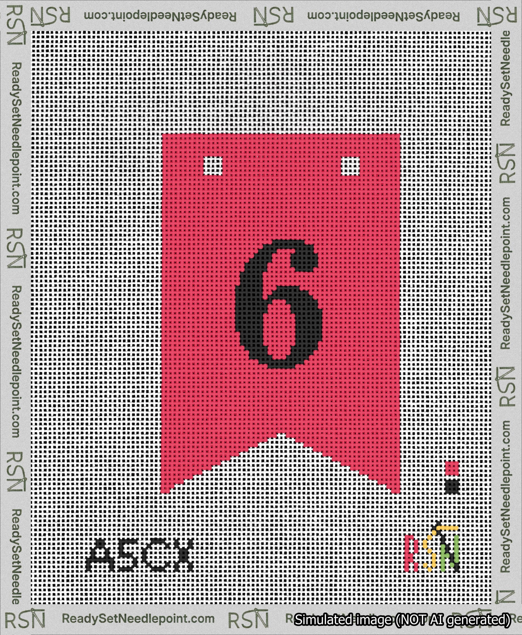 A taped needlepoint canvas with the design: Banner 13 mesh count Forked 6 Black on Red.