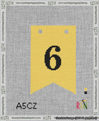 A taped needlepoint canvas with the design: Banner 13 mesh count Forked 6 Black on Yellow.