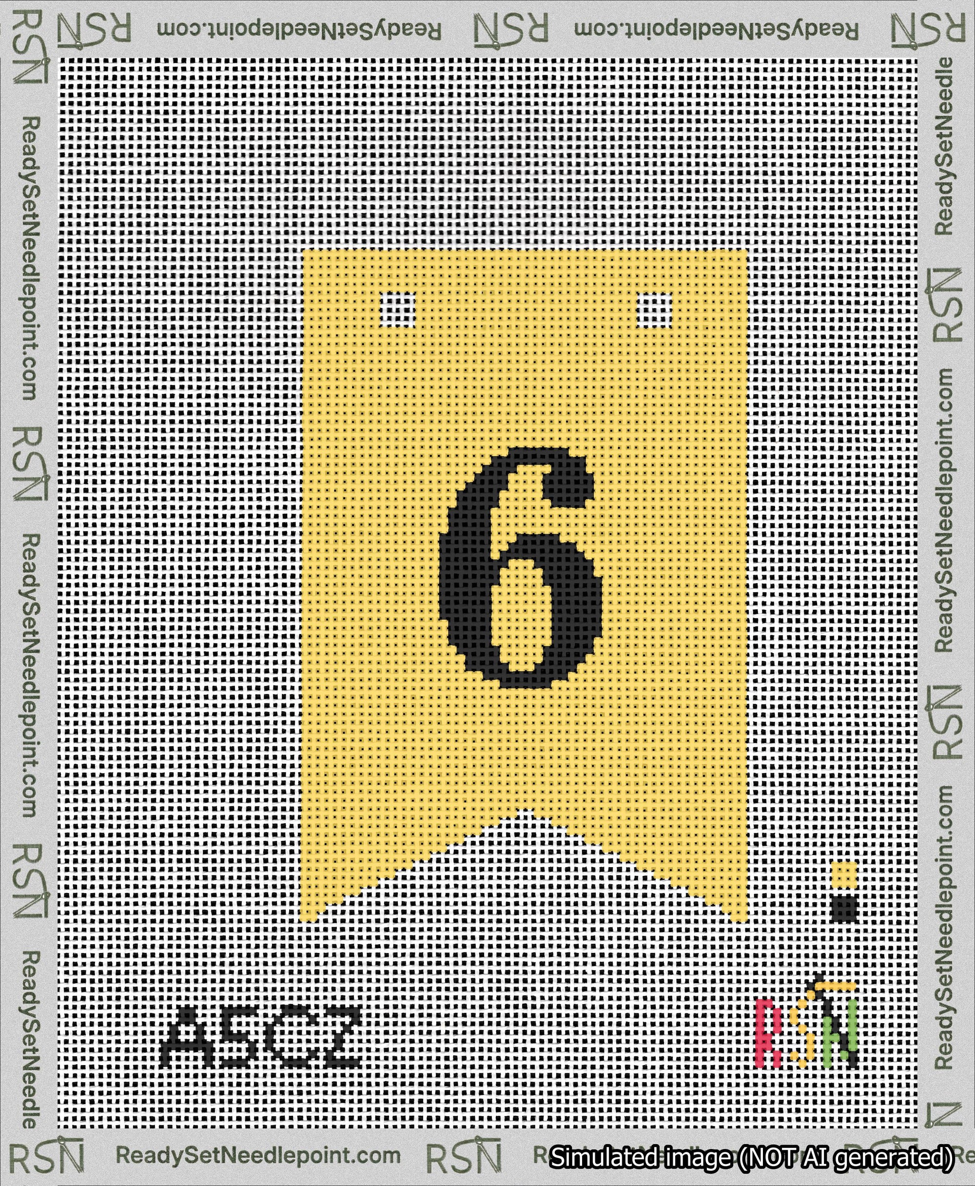 A taped needlepoint canvas with the design: Banner 13 mesh count Forked 6 Black on Yellow.