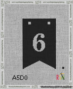 A taped needlepoint canvas with the design: Banner 13 mesh count Forked 6 White on Black.