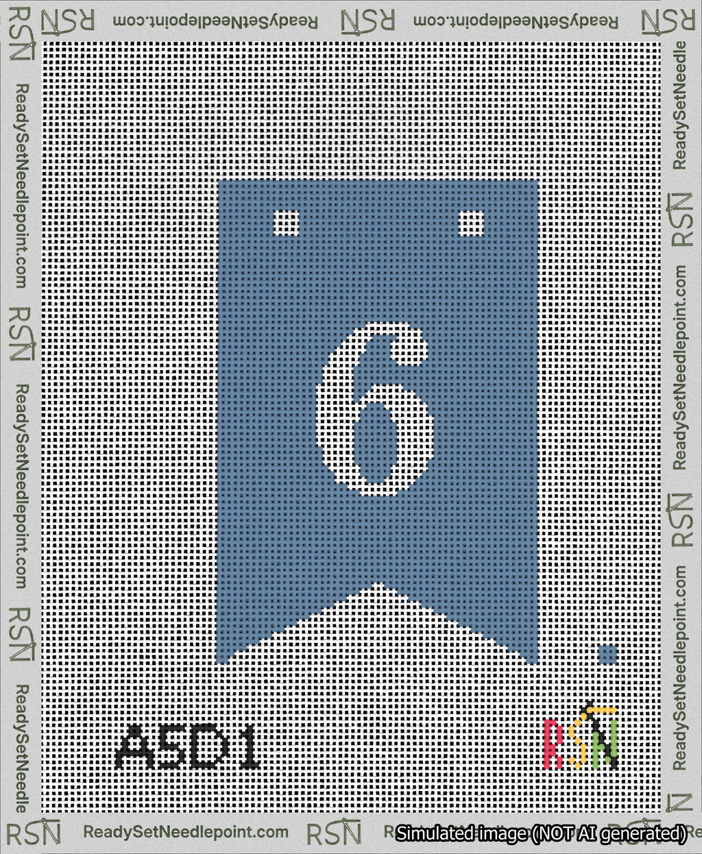 A taped needlepoint canvas with the design: Banner 13 mesh count Forked 6 White on Blue.