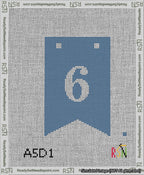 A taped needlepoint canvas with the design: Banner 13 mesh count Forked 6 White on Blue.