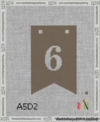 A taped needlepoint canvas with the design: Banner 13 mesh count Forked 6 White on Brown.
